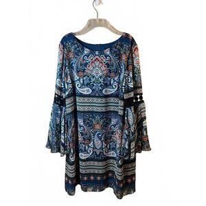 MSK Long Flared Bell Sleeve Shift Dress Crochet Details Size X-Large Boho Artsy